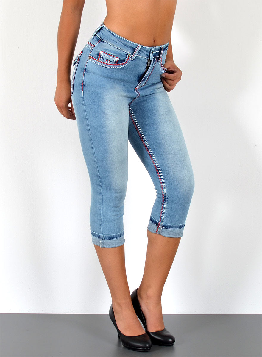 Dicke Naht Jeans Capri High Waist Hose mit weißer Naht und roter Naht esrajeans