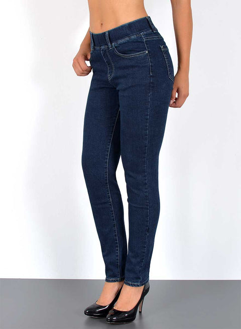 High Wiast Skinny Leg Jeans mit Gummibund Dunkelblau