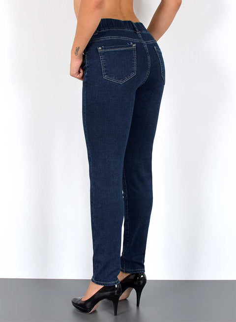 High Wiast Skinny Leg Jeans mit Gummibund Dunkelblau