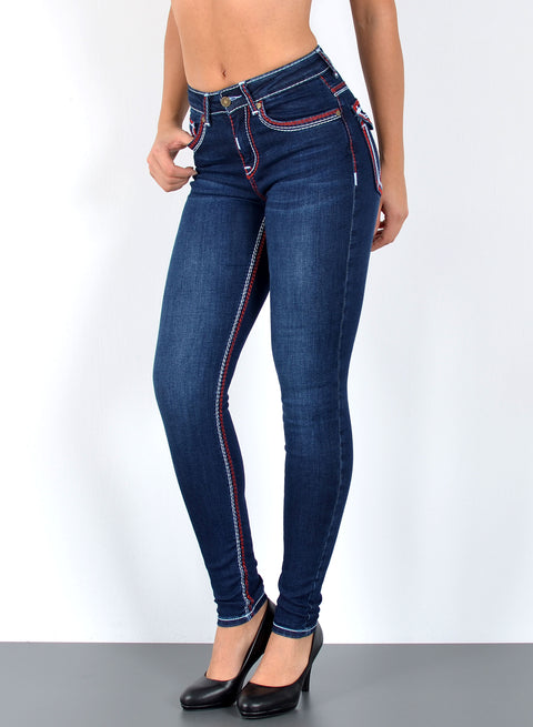 High Waist Damen Skinny Fit Jeans mit dicken Nähten