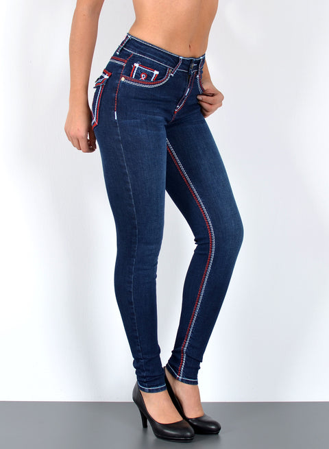 High Waist Damen Skinny Fit Jeans mit dicken Nähten