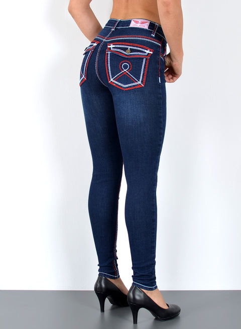 High Waist Damen Skinny Fit Jeans mit dicken Nähten