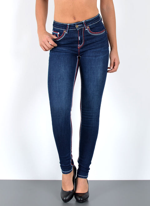 High Waist Damen Skinny Fit Jeans mit dicken Nähten
