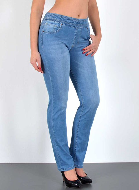 High Waist Damen Straight Jeanshose mit elastischem Bund