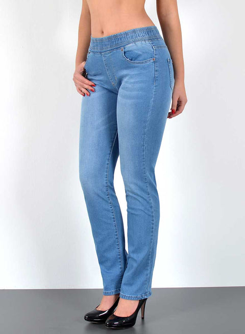 High Waist Damen Straight Jeanshose mit elastischem Bund