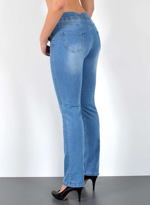 High Waist Damen Straight Jeanshose mit elastischem Bund