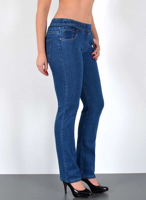 High Waist Damen Straight Fit Jeans mit elastischem Bund