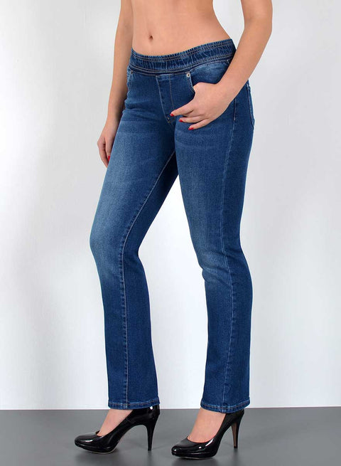 High Rise Damen Straight Fit Jeans mit elastischem Bund