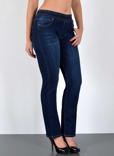 High Waist Damen Straight Leg Jeans mit elastischem Bund