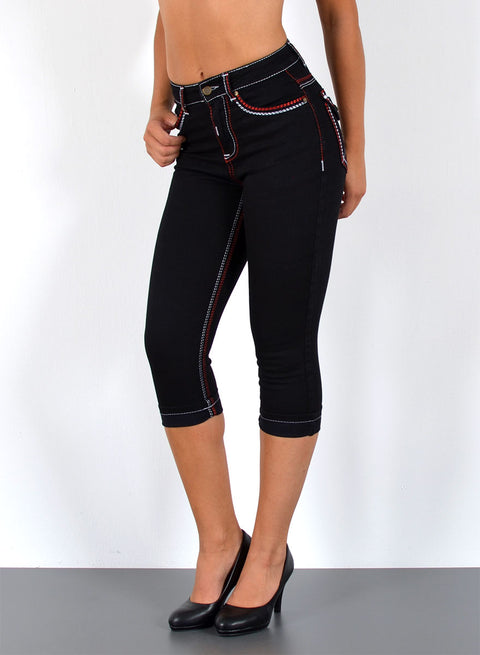 Schwarze Capri Jeans mit weiß-roter Naht