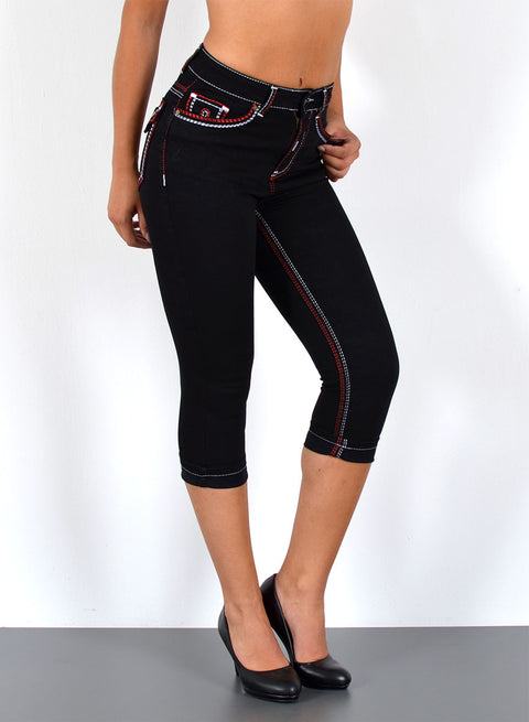 Schwarze Capri Jeans mit weiß-roter Naht