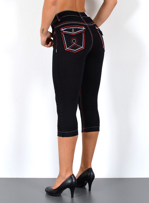 Schwarze Capri Jeans mit weiß-roter Naht