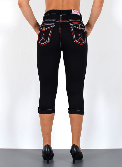 Schwarze Capri Jeans mit weiß-roter Naht