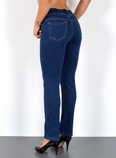 High Waist Damen Straight Jeans mit elastischem Bund