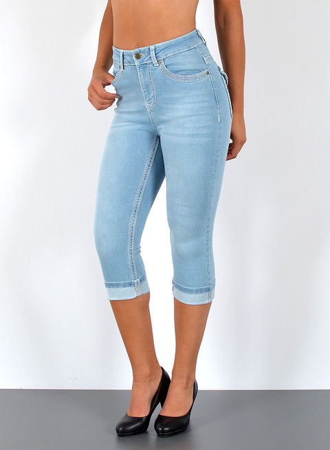 High Waist 3/4 Capri Jeanshose mit weißer Naht
