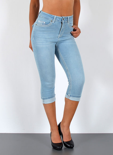 High Waist 3/4 Capri Jeanshose mit weißer Naht
