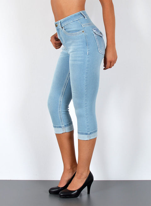High Waist 3/4 Capri Jeanshose mit weißer Naht