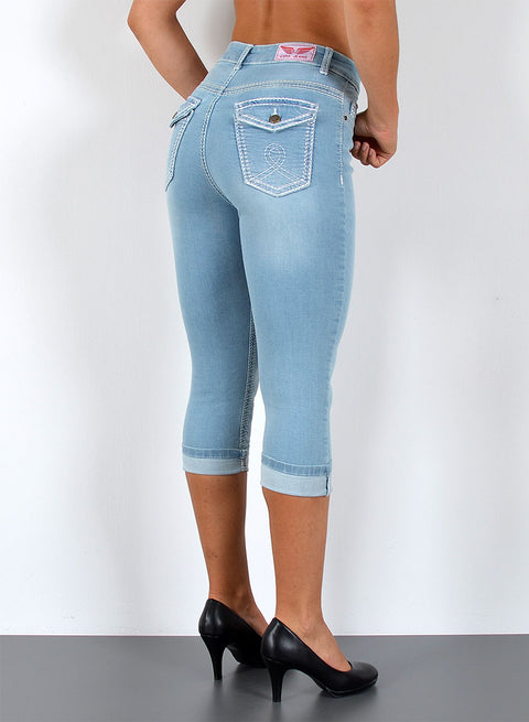High Waist 3/4 Capri Jeanshose mit weißer Naht