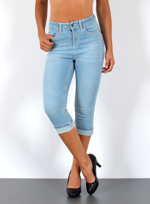 High Waist 3/4 Capri Jeanshose mit weißer Naht