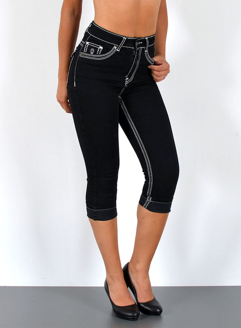 Schwarze Damen Jeans Capri mit dicker Naht