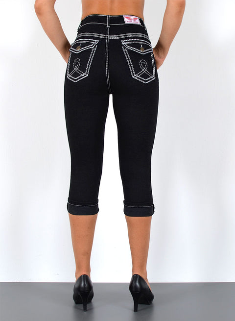 Schwarze Damen Jeans Capri mit dicker Naht