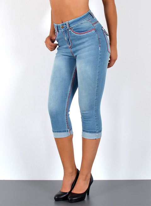 Dicke Naht Jeans Capri mit rot-weißen Nähten