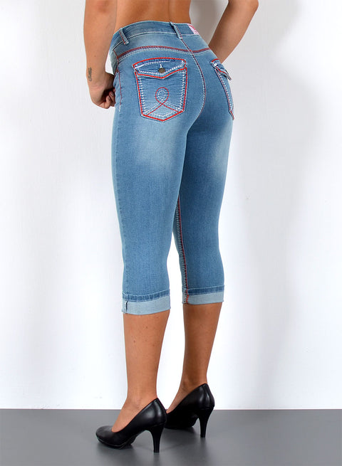 Dicke Naht Jeans Capri mit rot-weißen Nähten