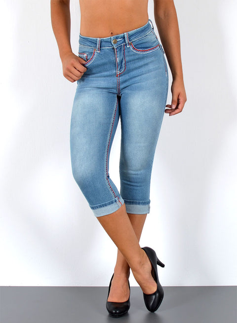 Dicke Naht Jeans Capri mit rot-weißen Nähten