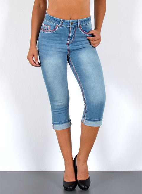 Dicke Naht Jeans Capri mit rot-weißen Nähten