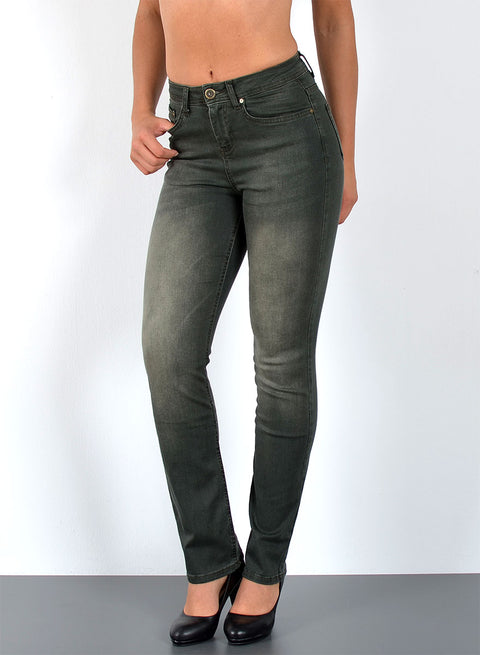 Grüne Damen High Waist Jeans Straight Fit