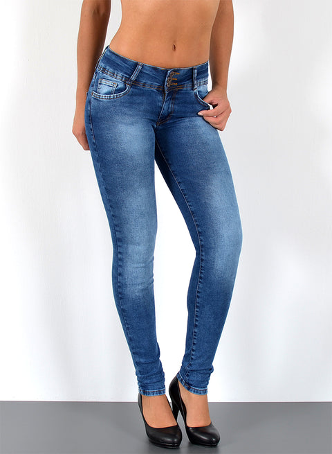 High Waist Skinny Fit Jeans Damen mit 3 Knöpfen