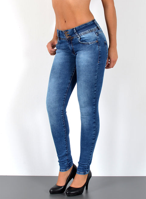 High Waist Skinny Fit Jeans Damen mit 3 Knöpfen