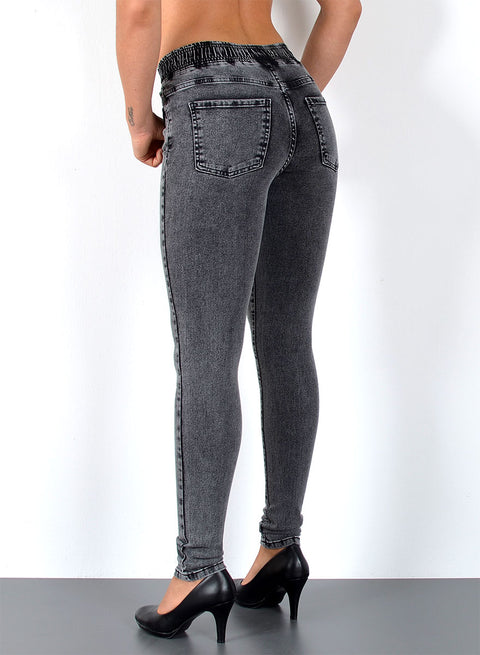 Damen High Waist Skinny Jeans Hose mit elastischem Gummizug