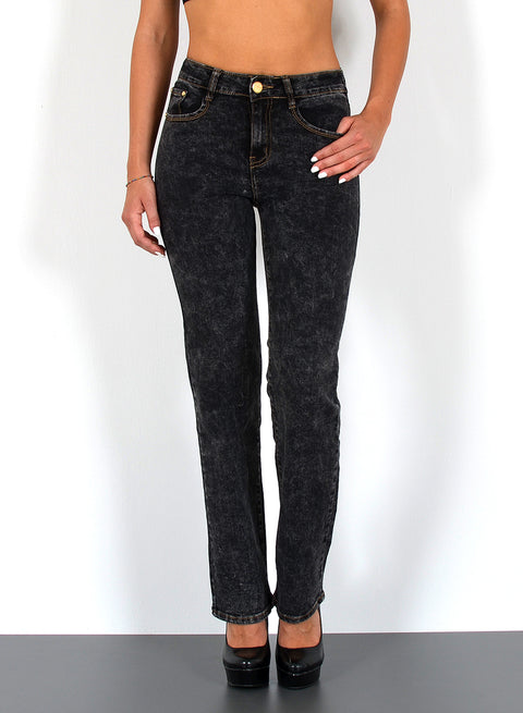 Schwarze Batik Damen Jeans Straight Fit High Waist Hose