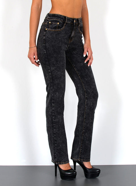 Schwarze Batik Damen Jeans Straight Fit High Waist Hose