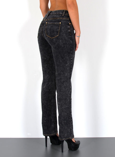 Schwarze Batik Damen Jeans Straight Fit High Waist Hose