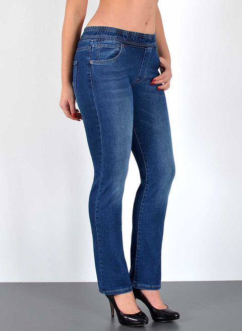 Damen High Waist Straght Fit Jeans Hose mit elastischem Gummibund