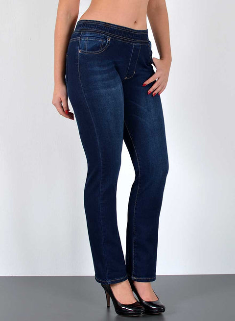 Damen High Waist Straght Fit Jeans Hose mit elastischem Gummibund