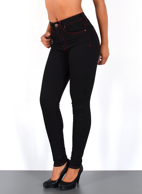 Schwarze Damen Jeans High Waist mit roter Naht