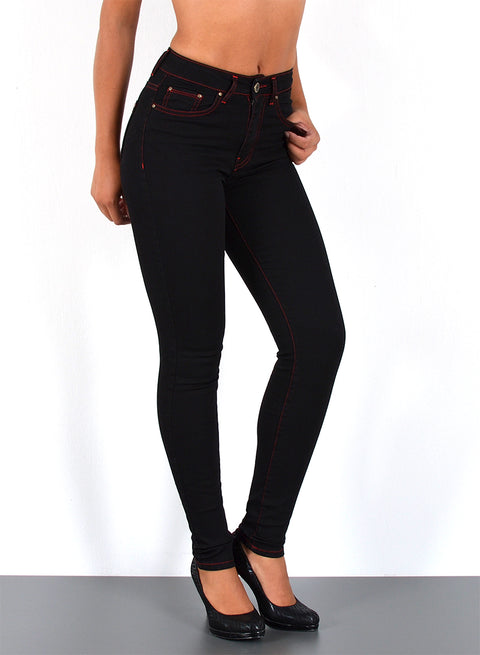 Schwarze Damen Jeans High Waist mit roter Naht