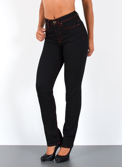 High Rise Straight Leg Jeans-Hose mit roter Naht