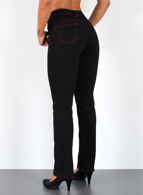 High Rise Straight Leg Jeans-Hose mit roter Naht