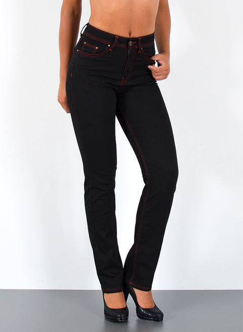 High Rise Straight Leg Jeans-Hose mit roter Naht